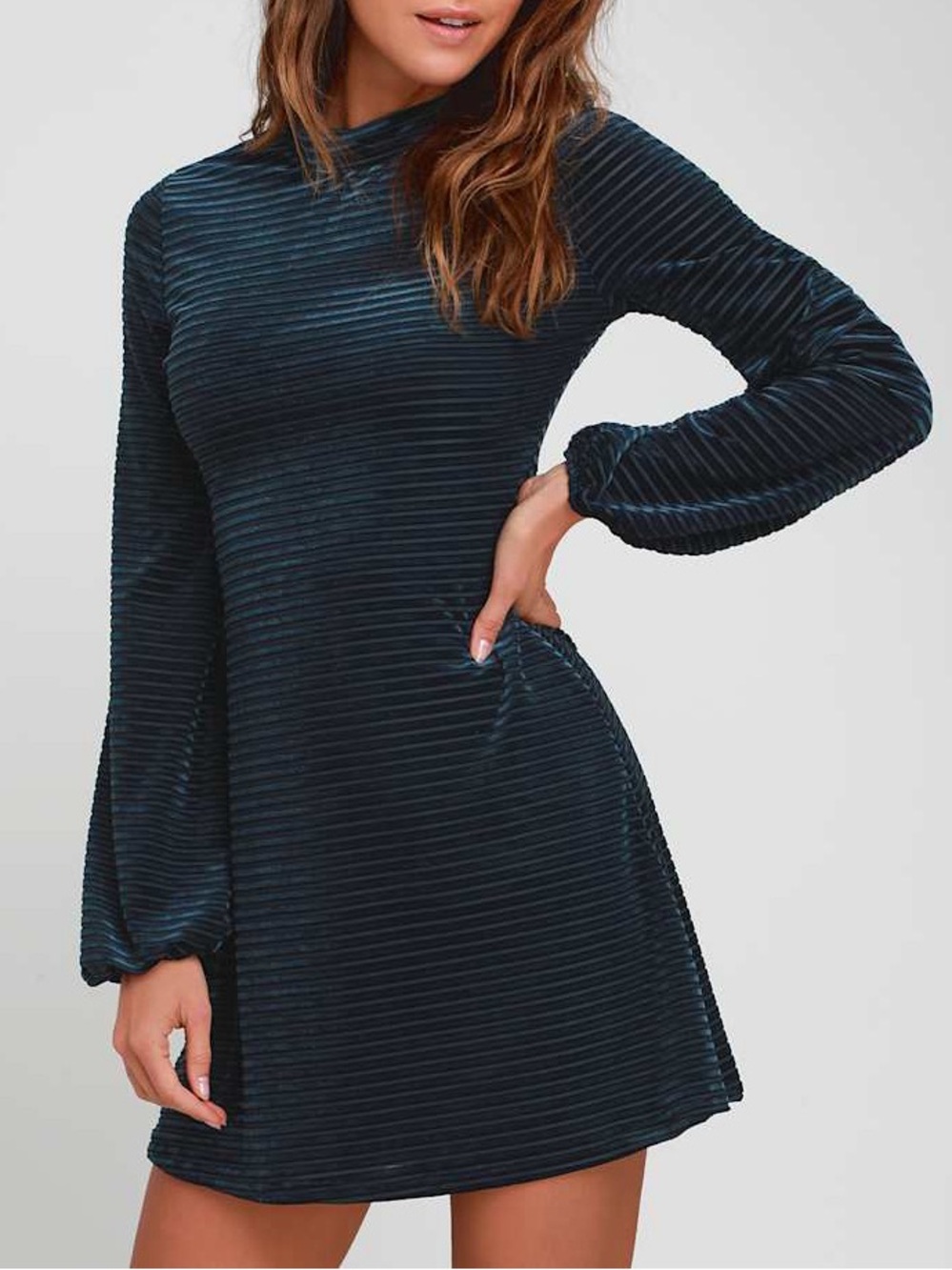 Navy Blue Striped Velvet Balloon Sleeve Mini Dress Size S